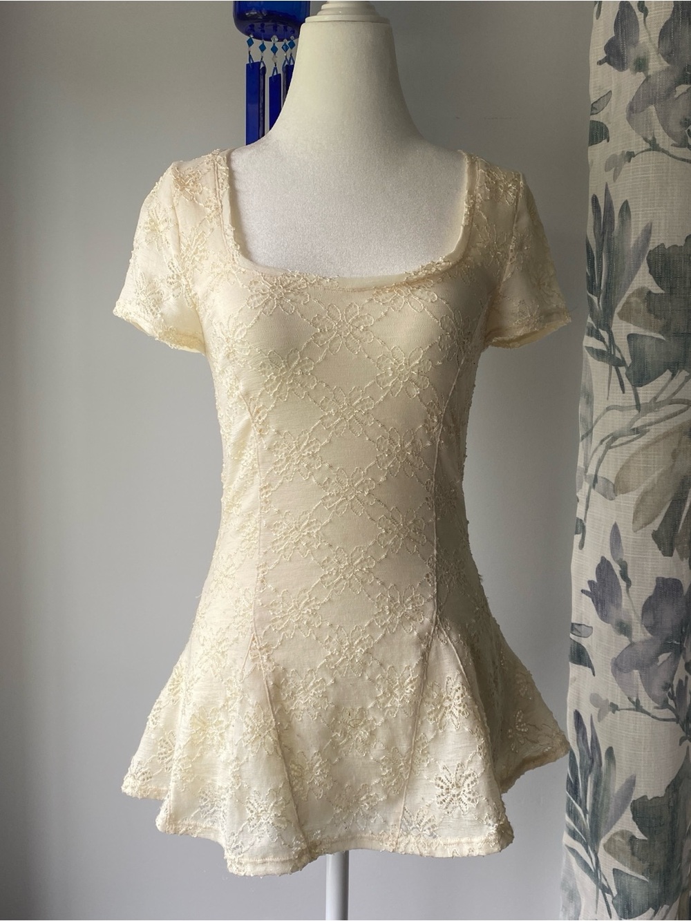 Free People Cream Floral Eyelet Lace Coquette Peplum Top Small